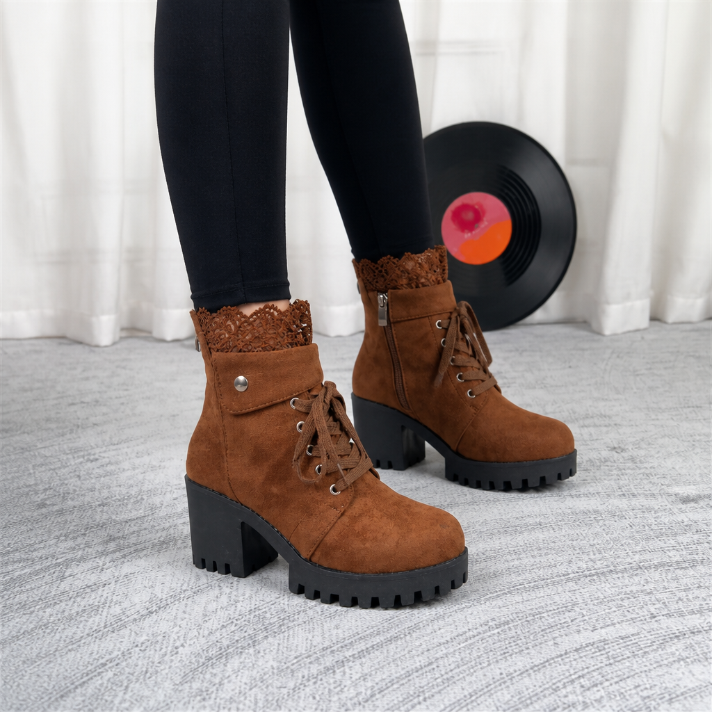 Lacevoya | Lace-Up Chunky Heel Ankle Booties