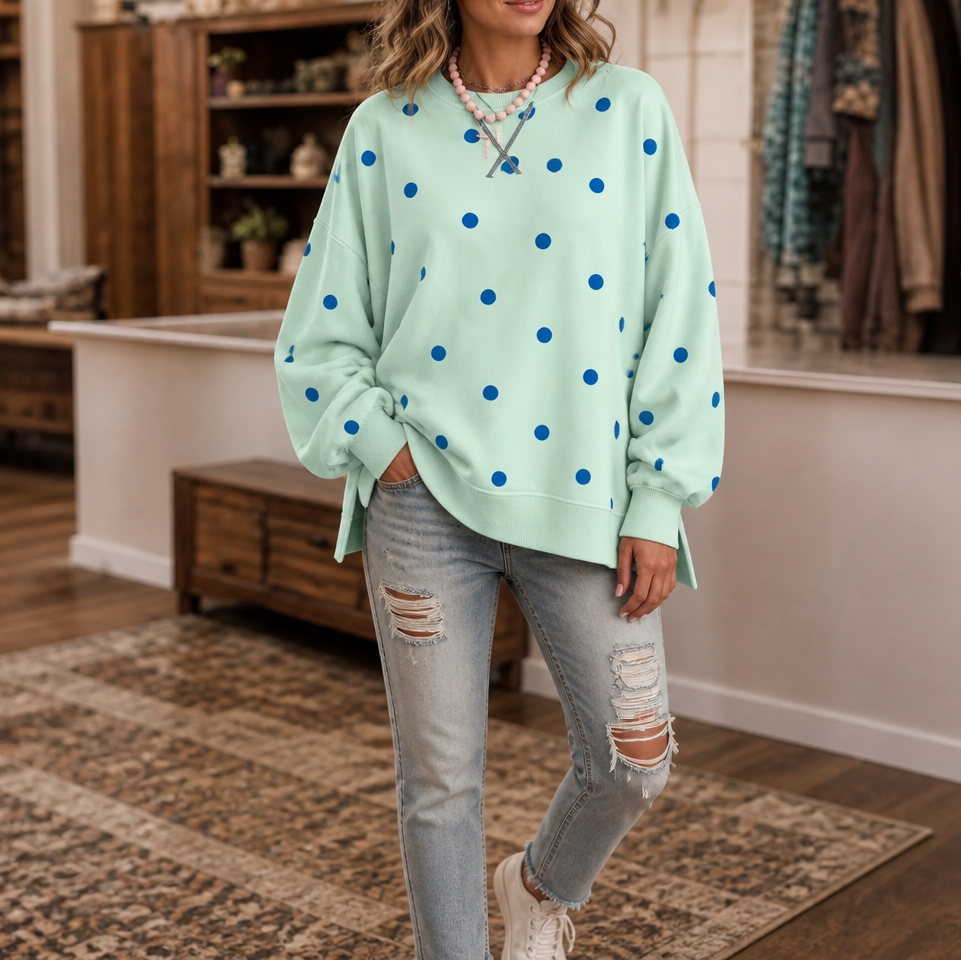 Sunbelle | Polka Dot Ribbon-Tie Neck Sweatshirt