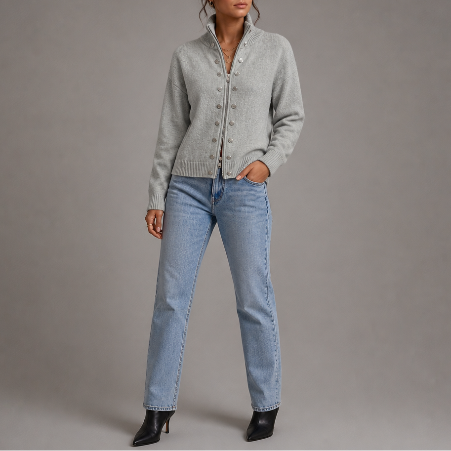 Wearvale | Two-Way Zip High-Neck Knit Cardigan