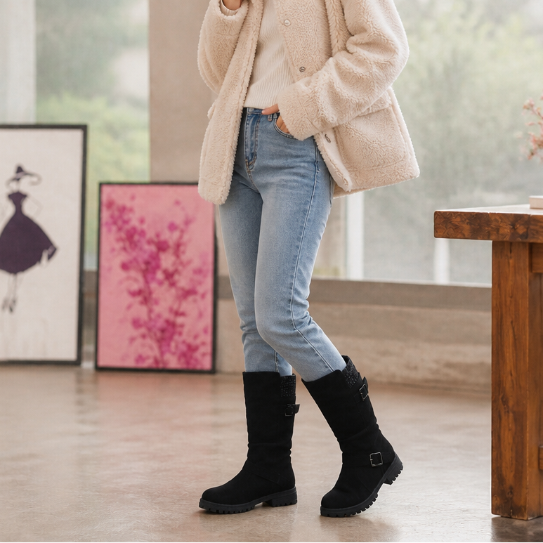 Calfden | Ribbed Cuff Lug Sole Slouch Boots