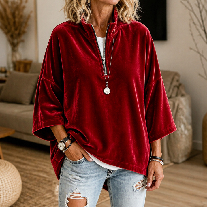 Wearbelli | Half-Zip Funnel Neck Velour Pullover
