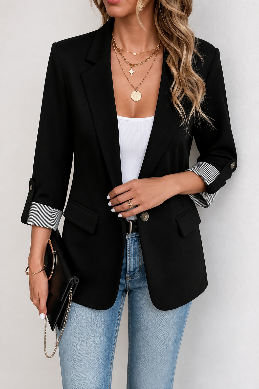 Cuffley | Striped-Cuff Roll-Sleeve Tailored Blazer