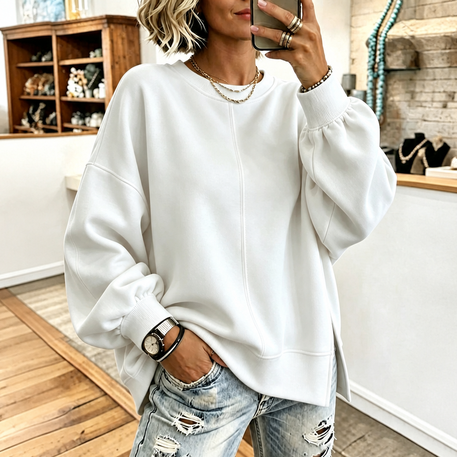 Verdant Ease | Drop Shoulder Side-Slit Sweatshirt