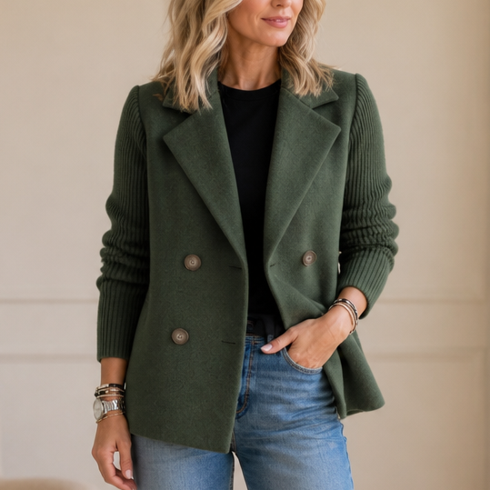 Mearbella | Knit-Sleeve Double-Breasted Blazer