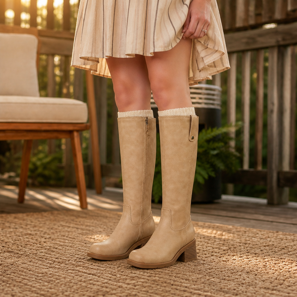 Calvera | Wide-Opening Pull-On Block Heel Knee-High Boots