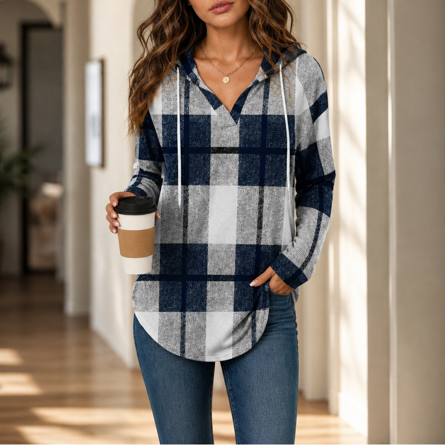 Plaidwell | Drawstring V-Neck Hooded Plaid Top