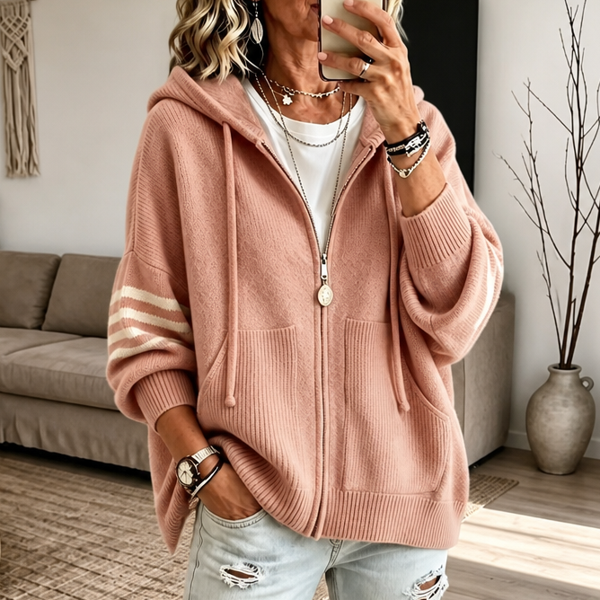Wearbalc | Striped-Sleeve Drop-Shoulder Zip Hoodie