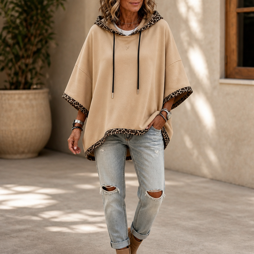 Wildelle | Leopard Trim Wide Sleeve Off-Shoulder Hoodie