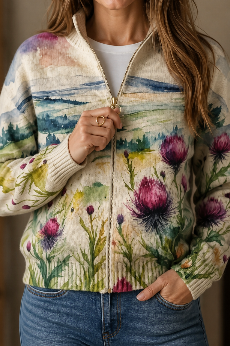 Threezip | Botanical Print Zip-Up Bomber Cardigan