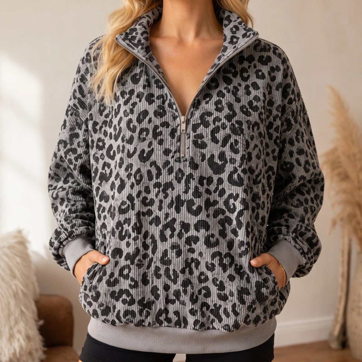 Roamprint | Leopard Print Oversized Quarter-Zip Sweatshirt