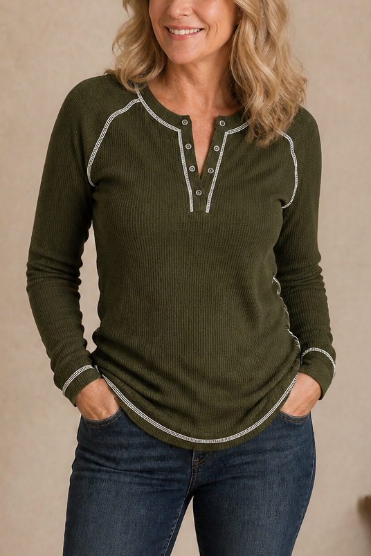 Wearbelda | Waffle Knit Contrast Stitch Henley Top