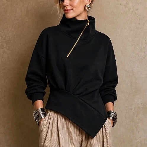 Velaire | Asymmetric Diagonal-Zip High-Neck Sweatshirt