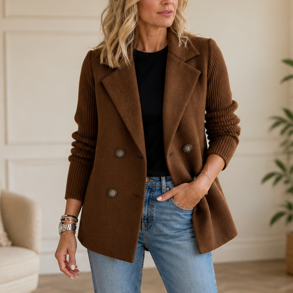 Mearbella | Knit-Sleeve Double-Breasted Blazer
