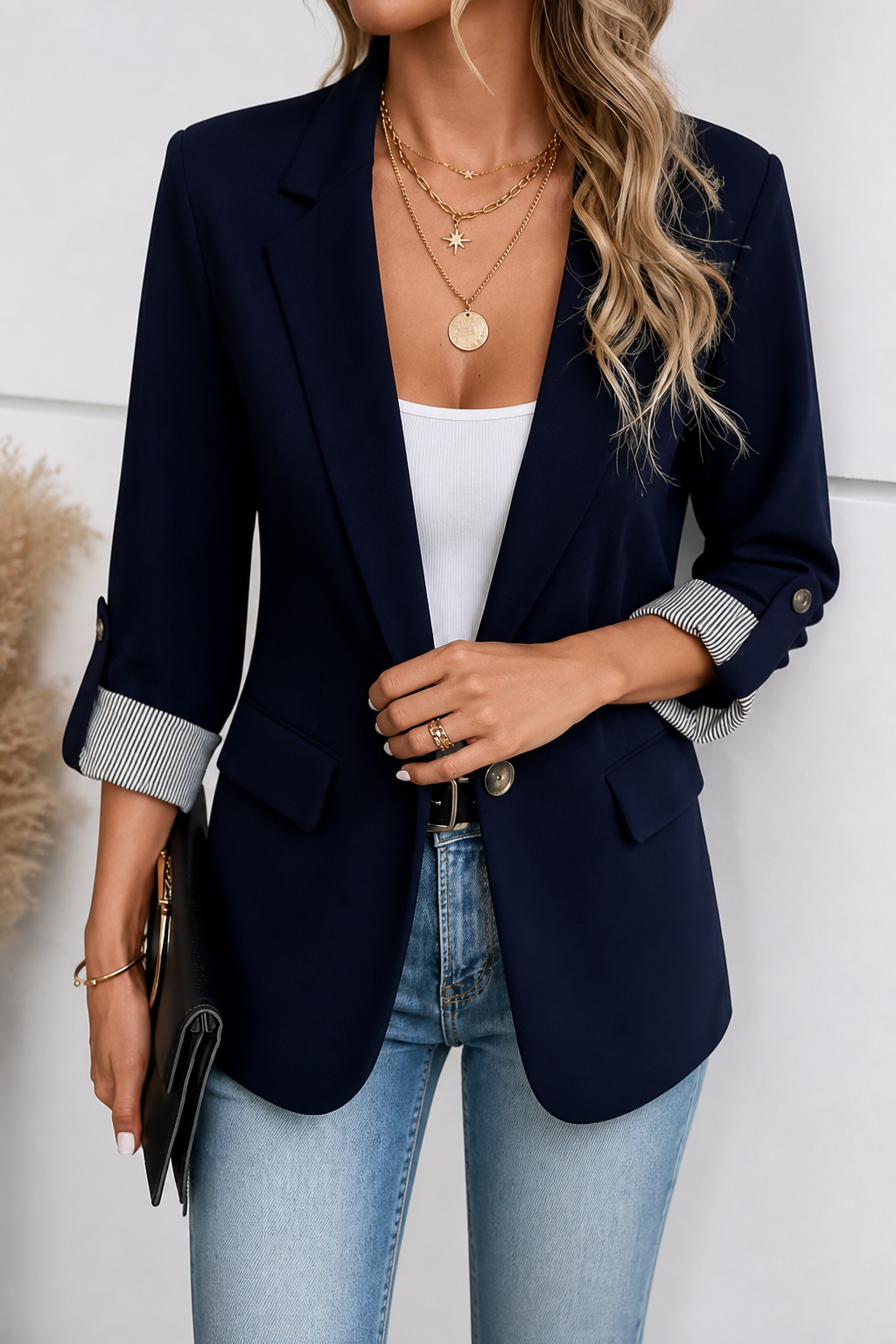 Cuffley | Striped-Cuff Roll-Sleeve Tailored Blazer