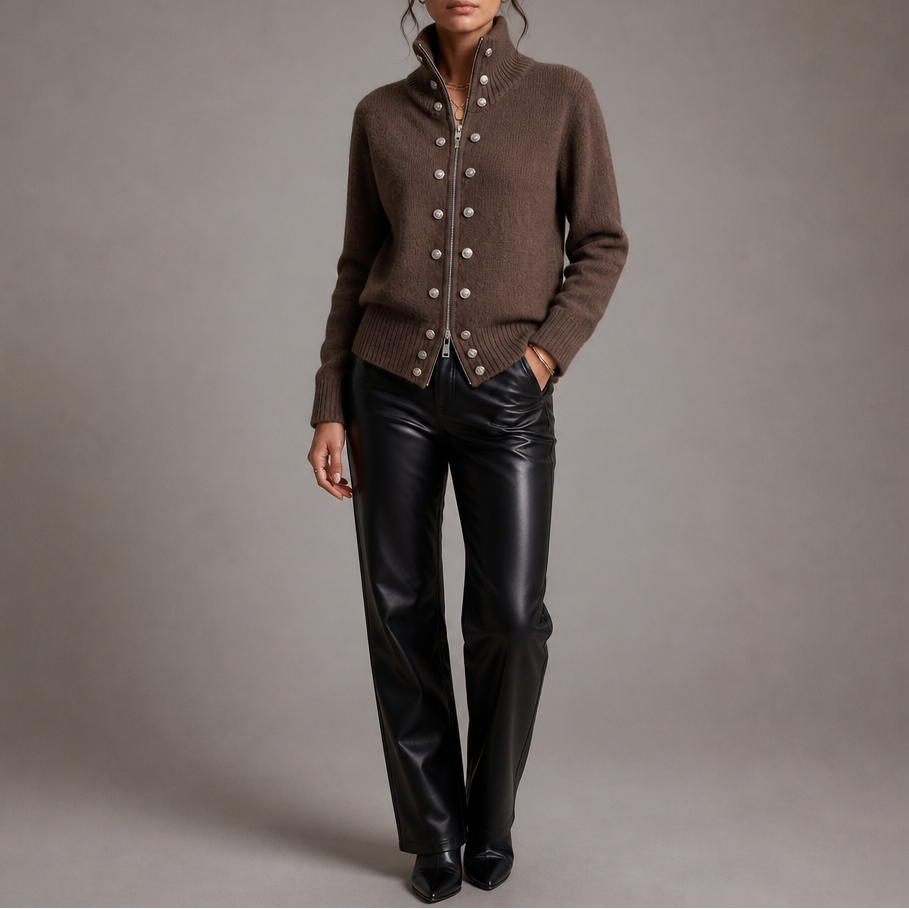 Wearvale | Two-Way Zip High-Neck Knit Cardigan