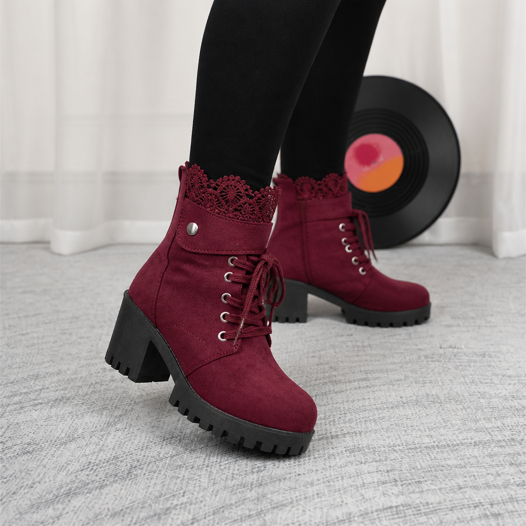 Lacevoya | Lace-Up Chunky Heel Ankle Booties