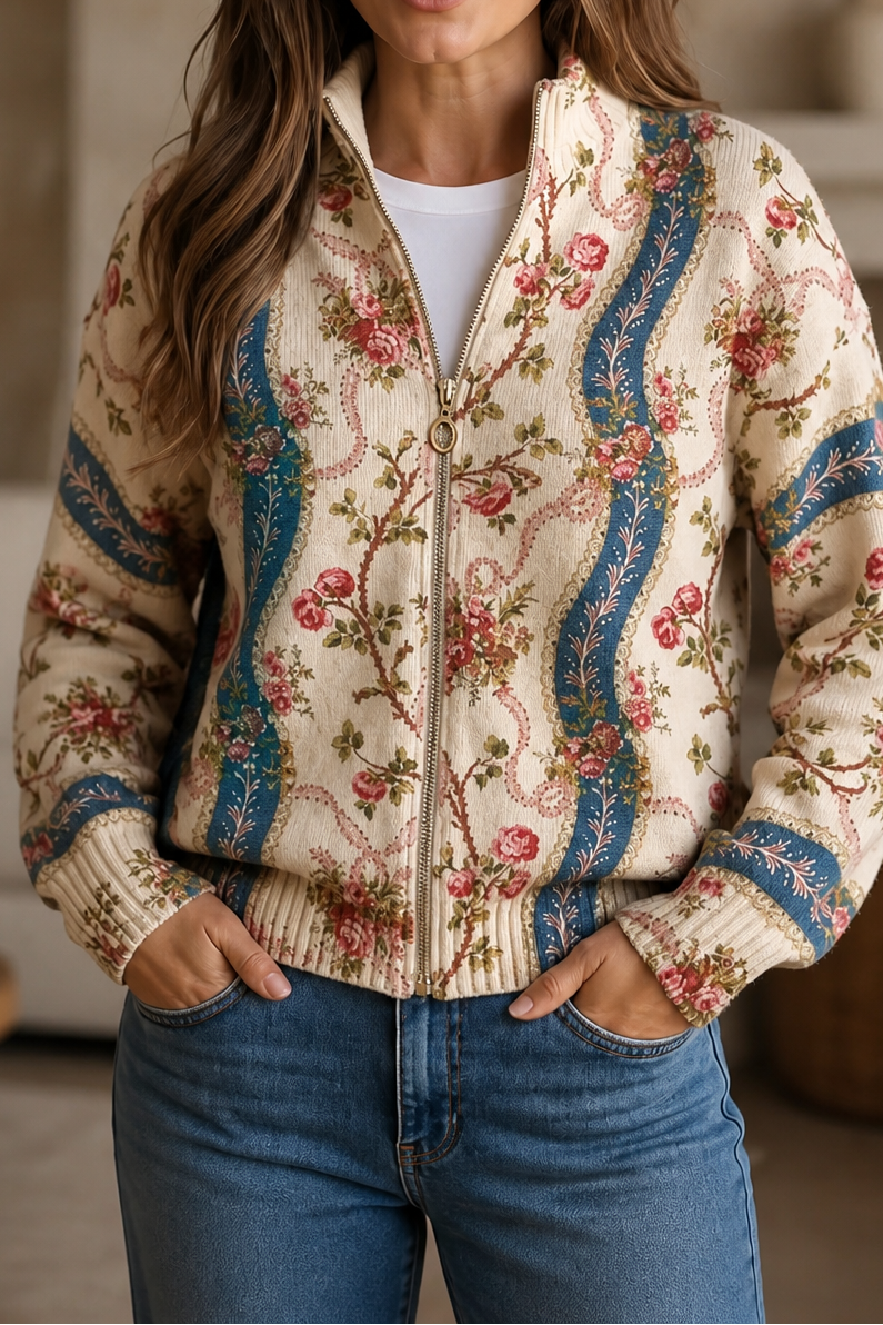 Threezip | Botanical Print Zip-Up Bomber Cardigan