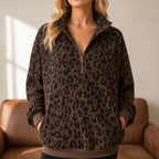 Roamprint | Leopard Print Oversized Quarter-Zip Sweatshirt