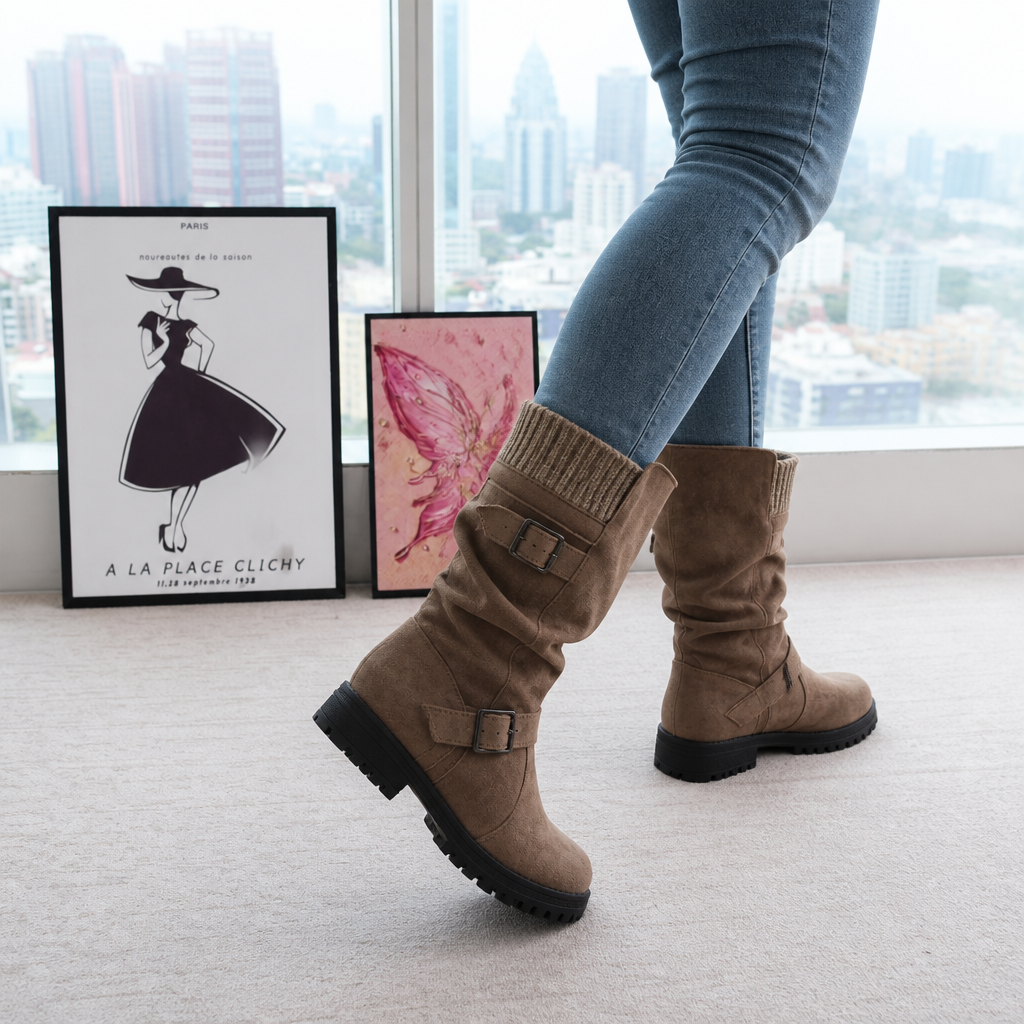 Calfden | Ribbed Cuff Lug Sole Slouch Boots