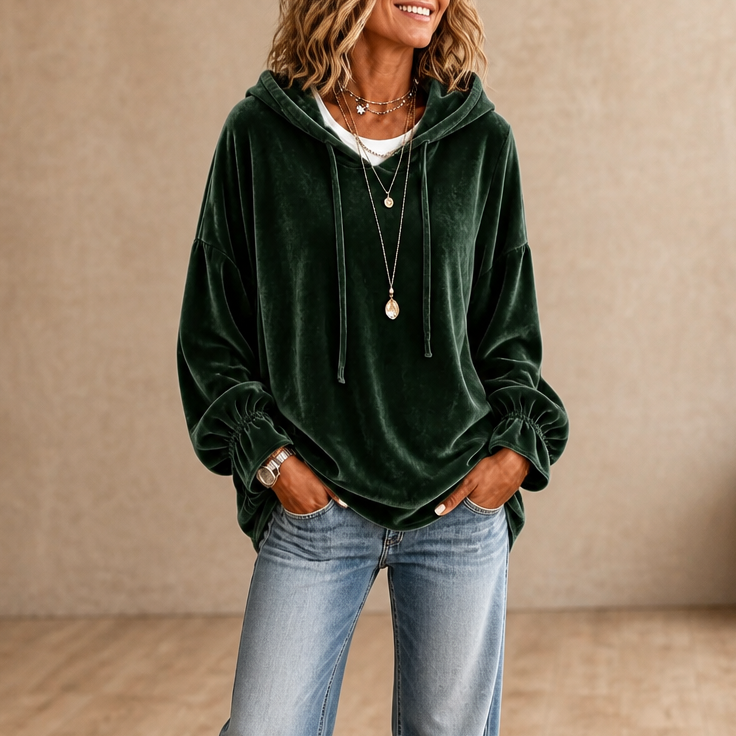 Yearbella | Ruffle Cuff Velvet Relaxed Hoodie