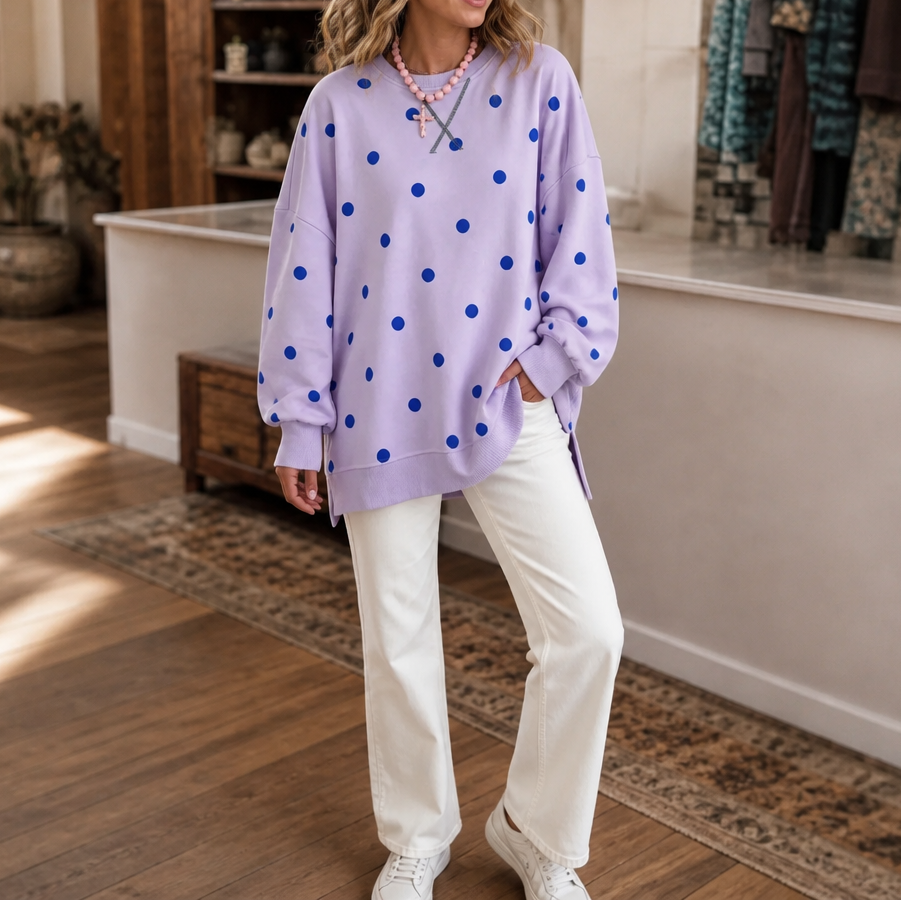 Sunbelle | Polka Dot Ribbon-Tie Neck Sweatshirt