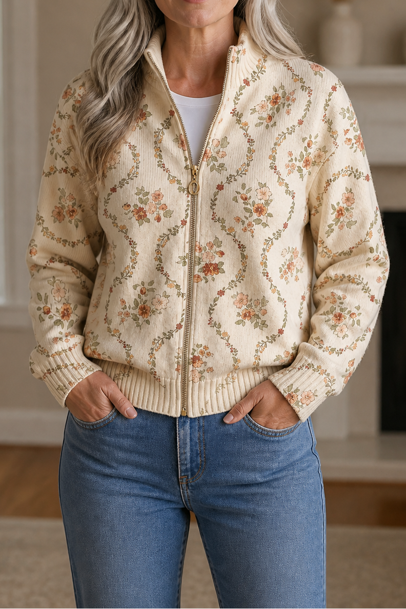 Threezip | Botanical Print Zip-Up Bomber Cardigan