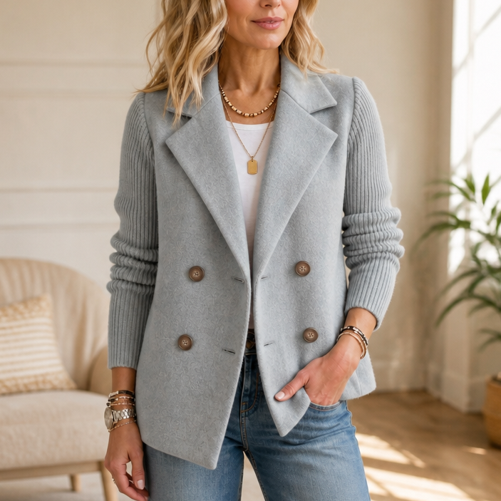 Mearbella | Knit-Sleeve Double-Breasted Blazer