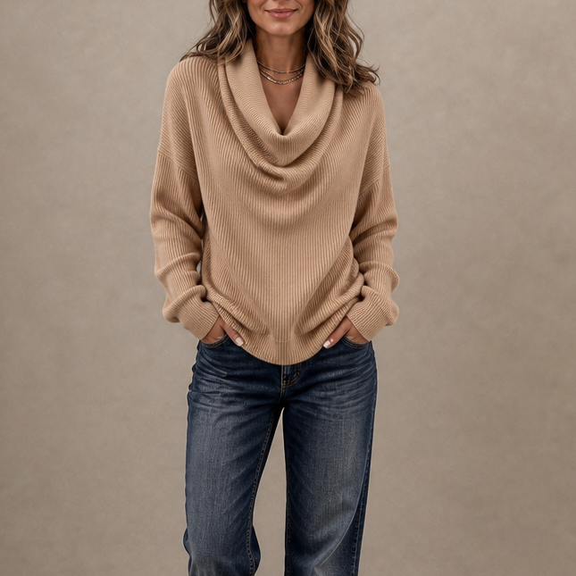 Ribella | Ribbed Draped Cowl-Neck Knit Top