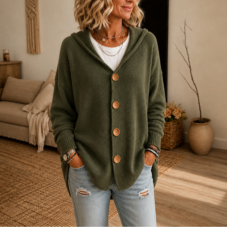 Hoodwell | Hooded Button-Front Knit Cardigan