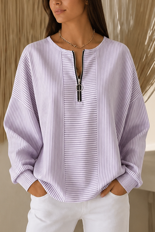 Everline | Striped Long Sleeve Zip-Up Top