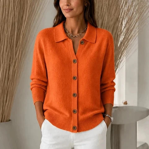 Collara | Turn-Down Collar Contrast-Button Knit Cardigan