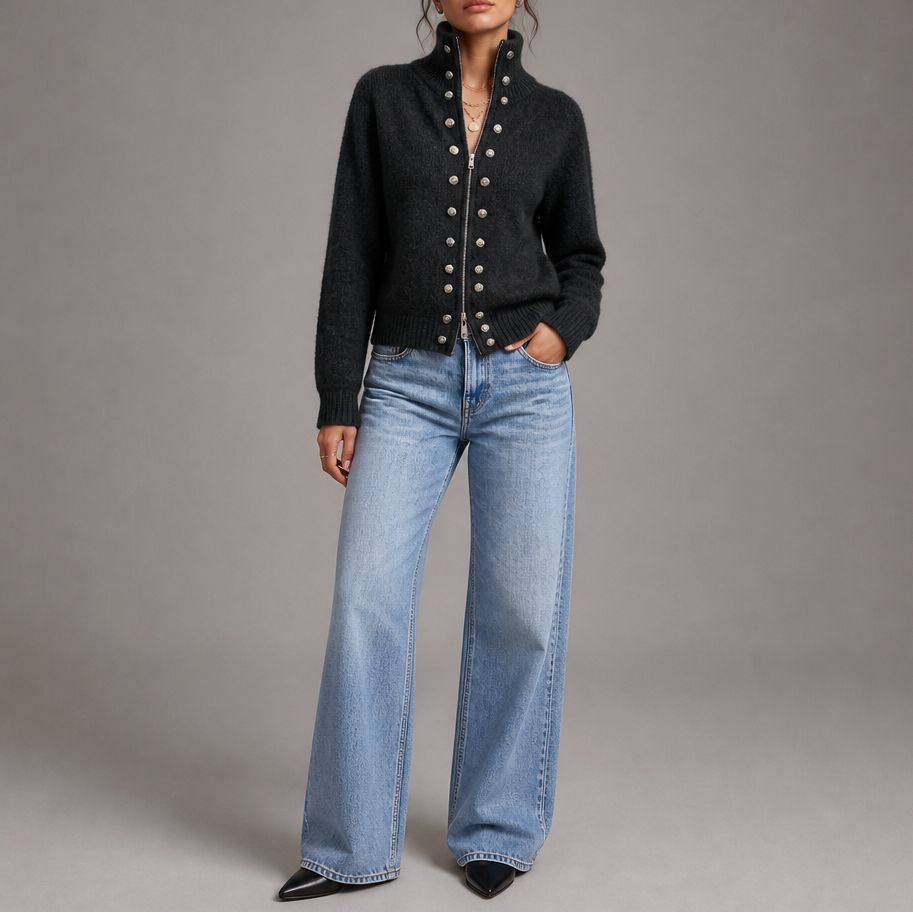 Wearvale | Two-Way Zip High-Neck Knit Cardigan