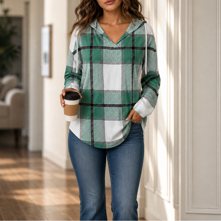 Plaidwell | Drawstring V-Neck Hooded Plaid Top