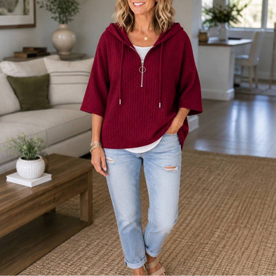 Ribella | Ribbed Half-Zip Hooded Knit Top