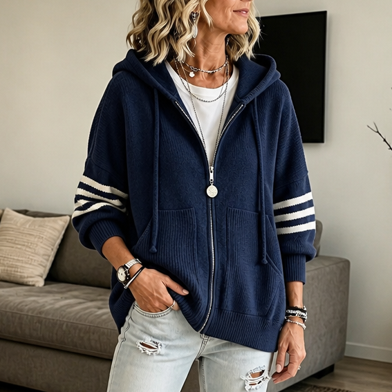 Wearbalc | Striped-Sleeve Drop-Shoulder Zip Hoodie
