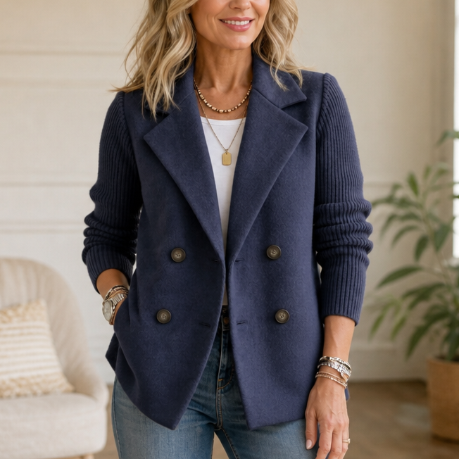 Mearbella | Knit-Sleeve Double-Breasted Blazer