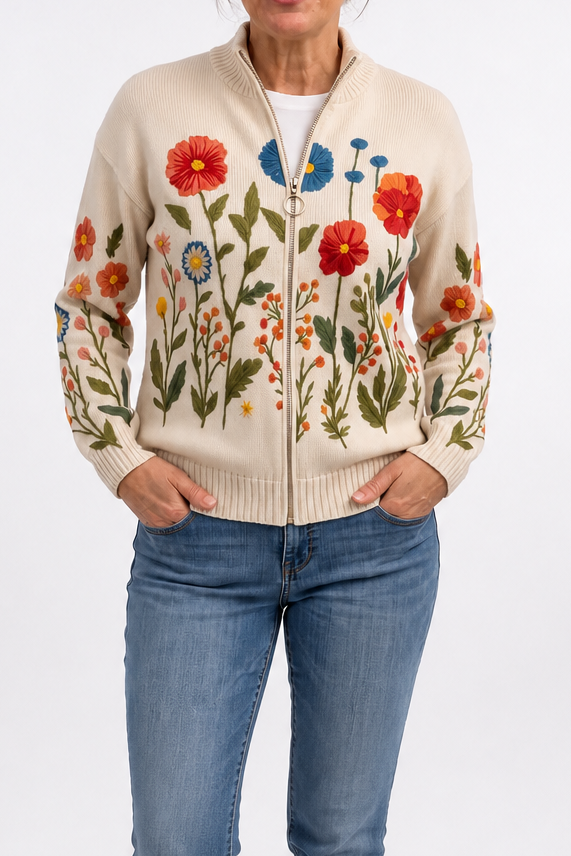 Threezip | Botanical Print Zip-Up Bomber Cardigan