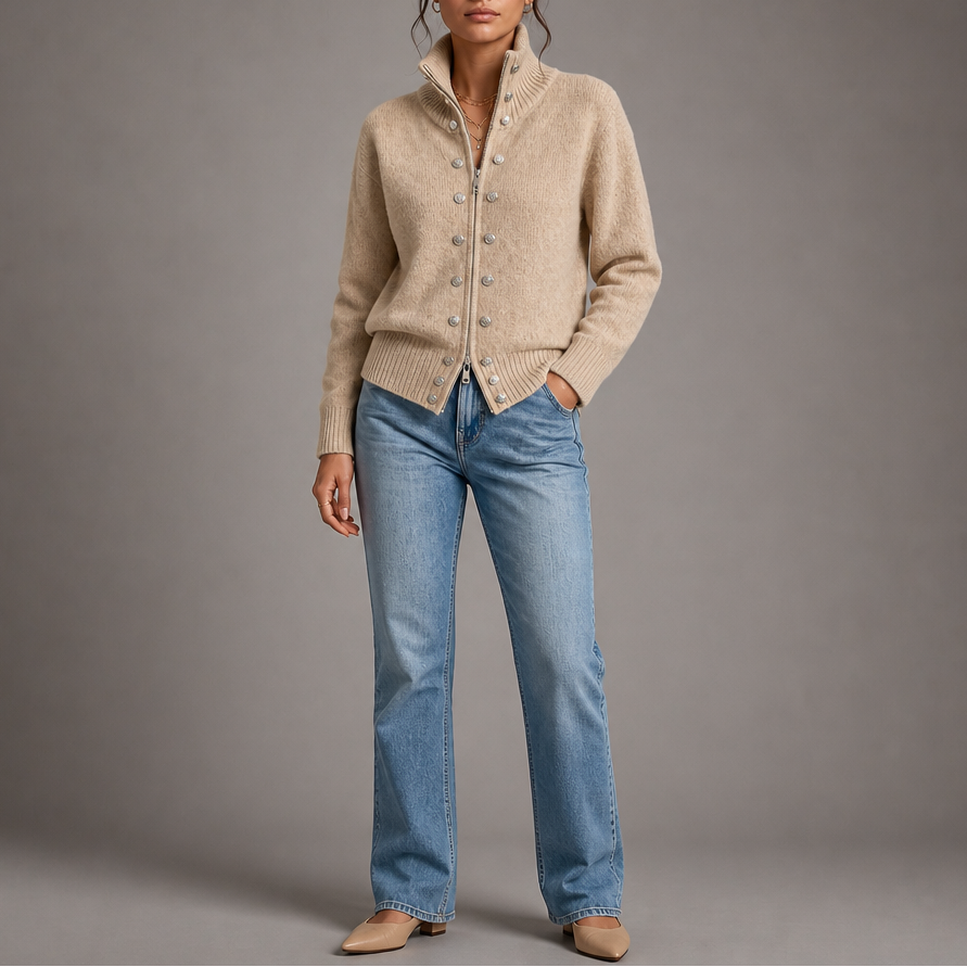 Wearvale | Two-Way Zip High-Neck Knit Cardigan
