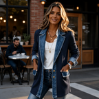 Wearbele | Spliced Denim Ribbed-Knit Longline Jacket