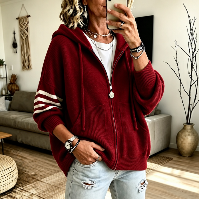Wearbalc | Striped-Sleeve Drop-Shoulder Zip Hoodie