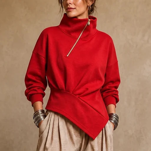 Velaire | Asymmetric Diagonal-Zip High-Neck Sweatshirt