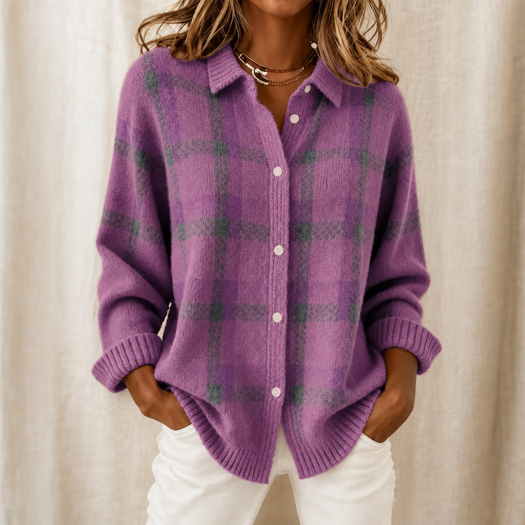 Verawool | Plaid Knit Shirt-Collar Cardigan