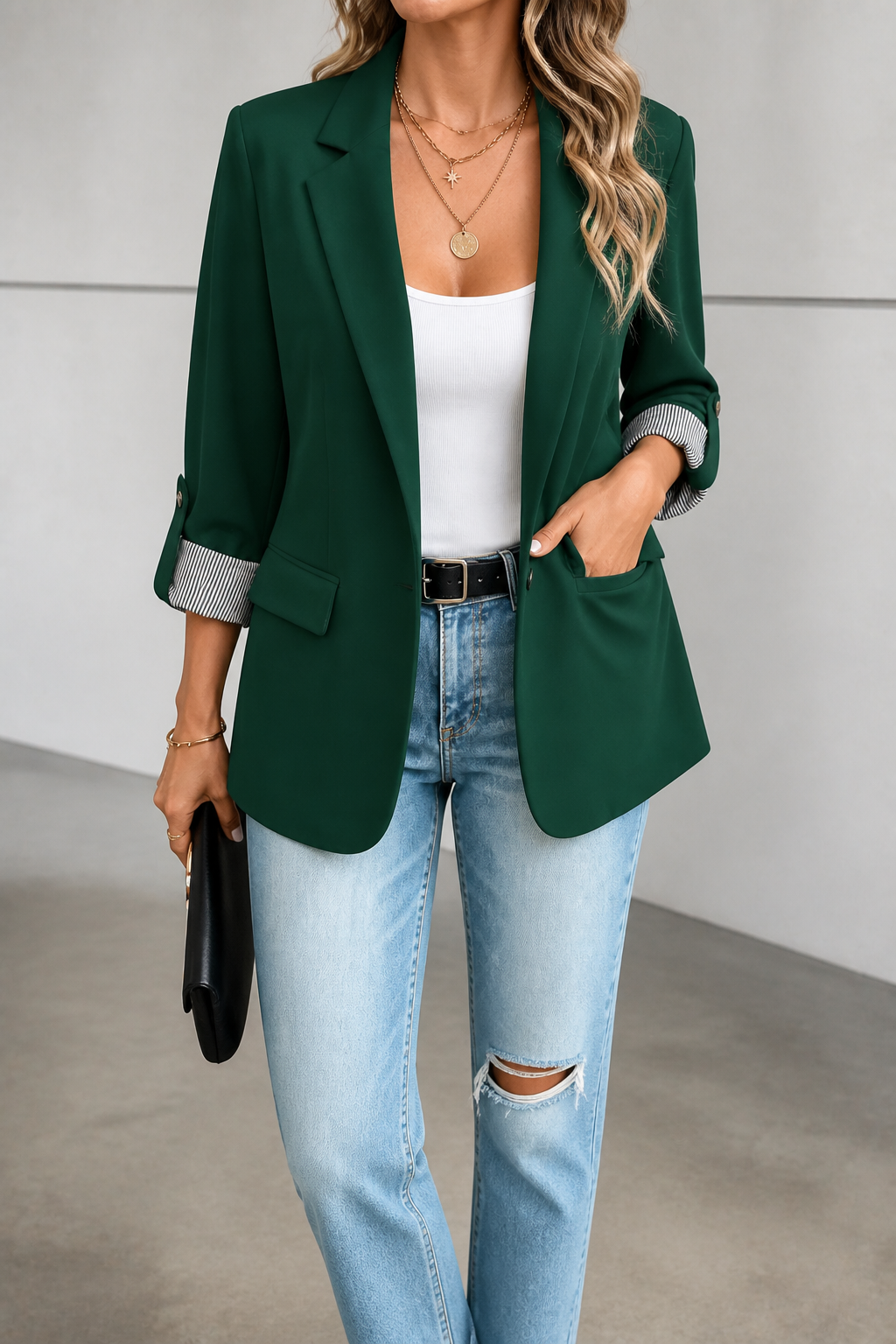 Cuffley | Striped-Cuff Roll-Sleeve Tailored Blazer