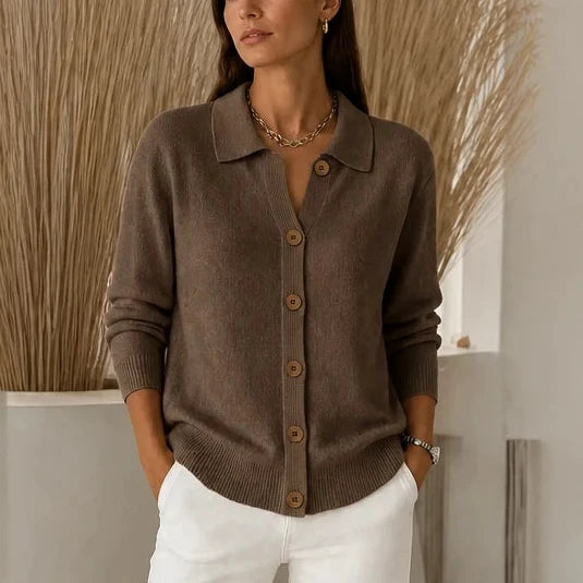 Collara | Turn-Down Collar Contrast-Button Knit Cardigan