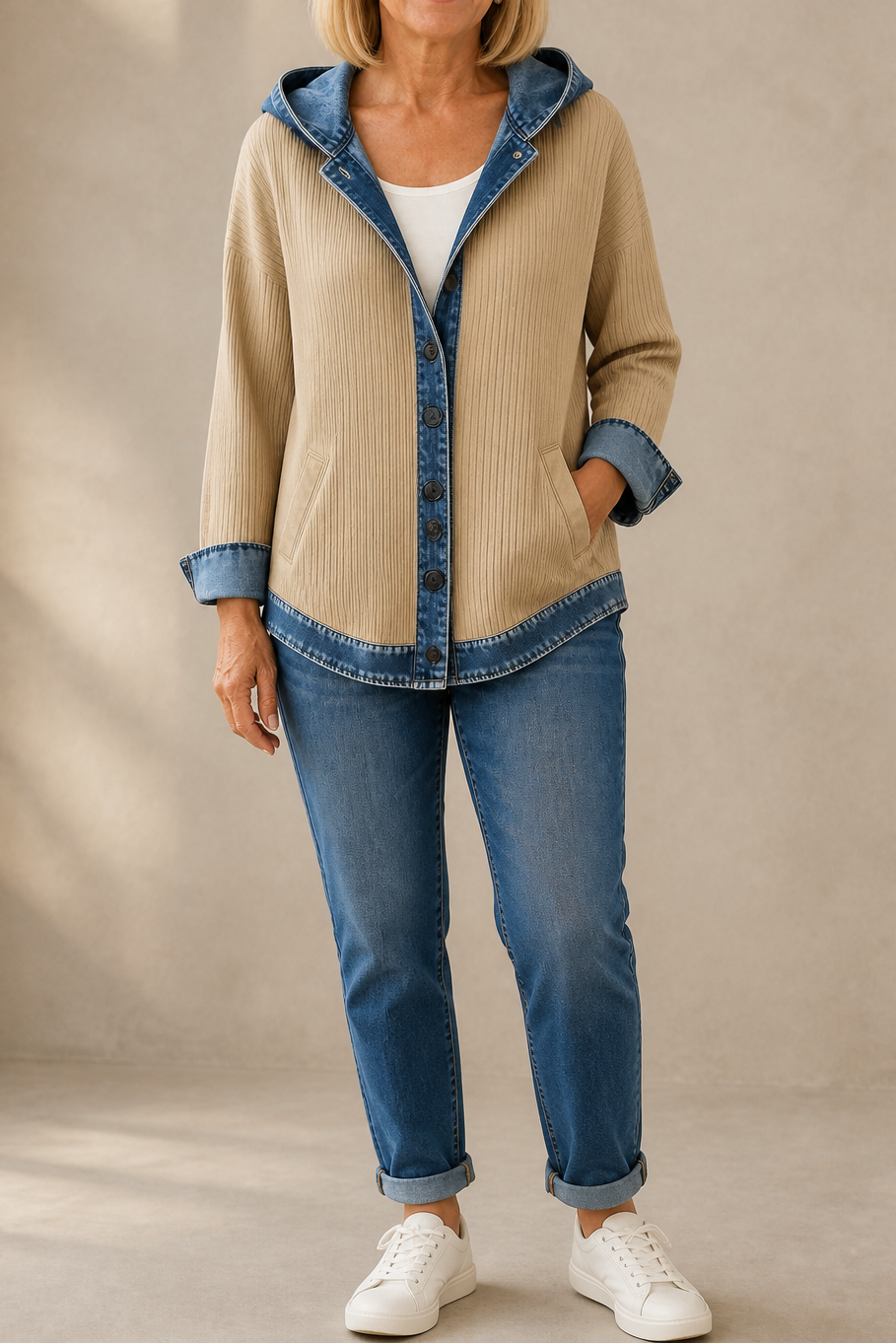 Havelyn | Denim-Trim Hooded Knit Cardigan