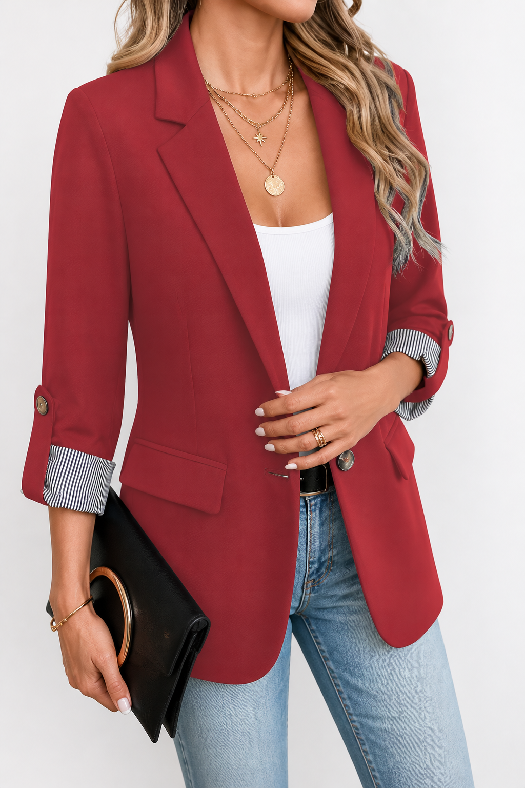 Cuffley | Striped-Cuff Roll-Sleeve Tailored Blazer