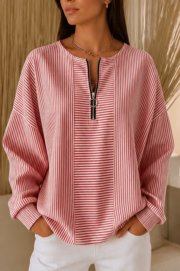 Everline | Striped Long Sleeve Zip-Up Top