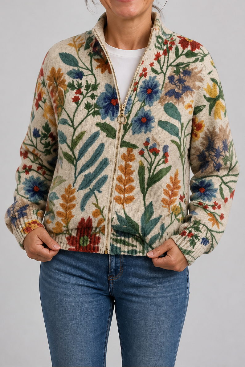 Threezip | Botanical Print Zip-Up Bomber Cardigan