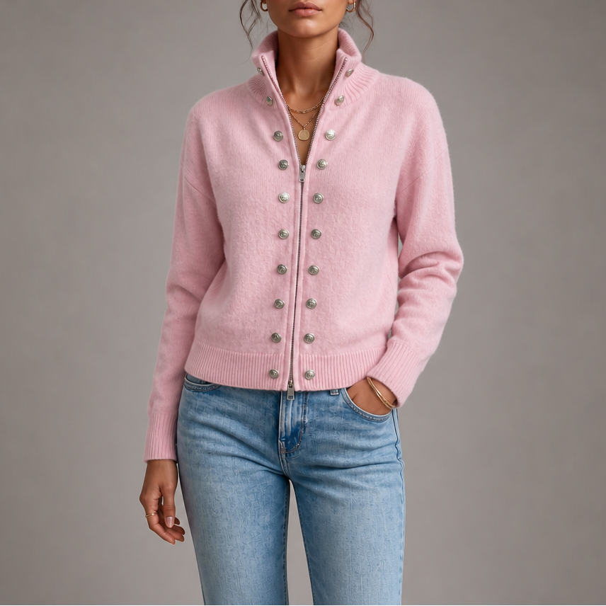 Wearvale | Two-Way Zip High-Neck Knit Cardigan