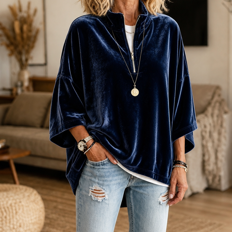 Wearbelli | Half-Zip Funnel Neck Velour Pullover